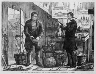 Bartering chickens for a subscription to the "Podunk Weekly Bugle"