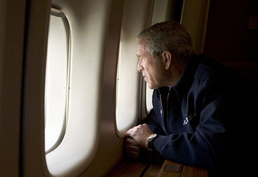 George W. Bush overlooks the damage in Katrina from Air Force One. White House photo by Paul Morse