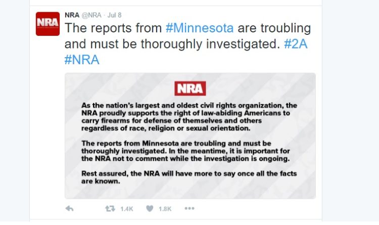 The vague tweet issued from the NRA concerning Philando Castile came almost 2 days after the incident.