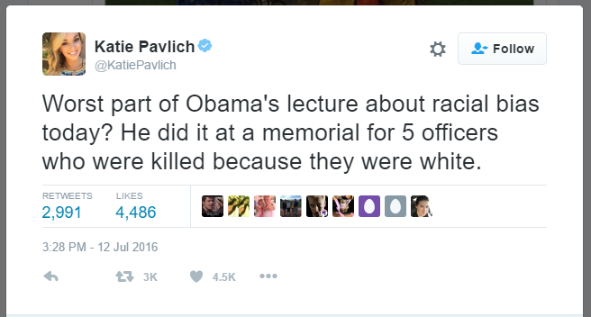 A tweet following the President Obama's speech at the Dallas memorial criticizing the "'lecture" concerning racial bias in the justice system.