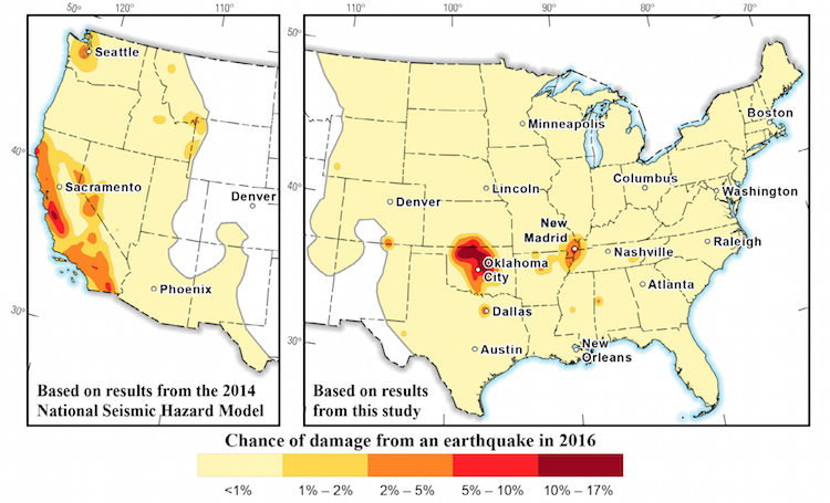 This figure presents the chance and damage of an earthquake occurring in the United States for 2016. Source: United Stated Geological Survey